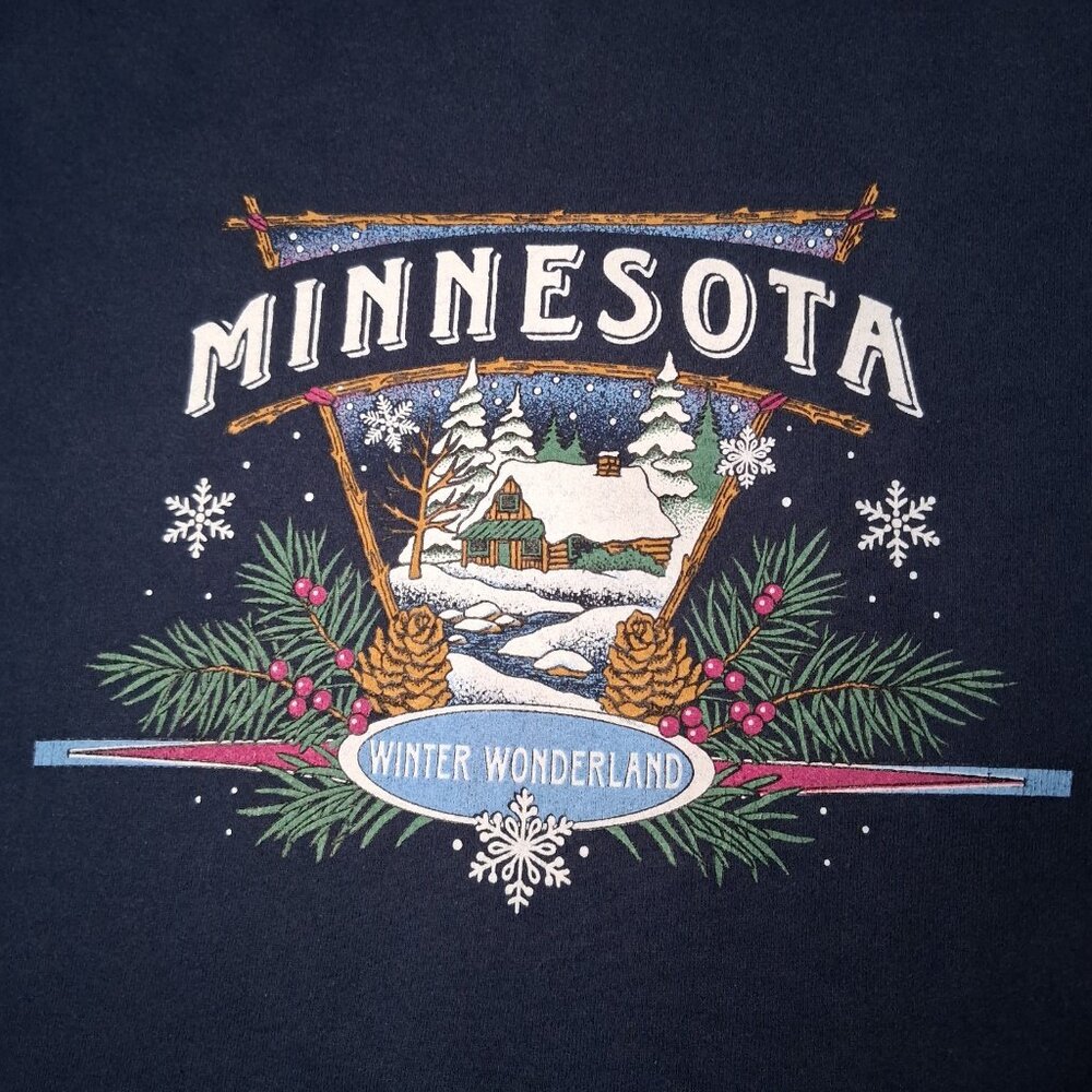 Vintage Minnesota Sweatshirt Large Winter Wonderland Snow Cabin Nature Crewneck - Picture 3 of 13